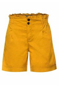 Gula bomullsshorts med rynkad midjeresår, två knappar och två framfickor. Mjuk textur och rak skärning.