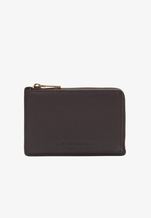 Dark brown leather wallet with a zip closure, featuring a textured finish and embossed brand logo at the front. Compact rectangular shape.