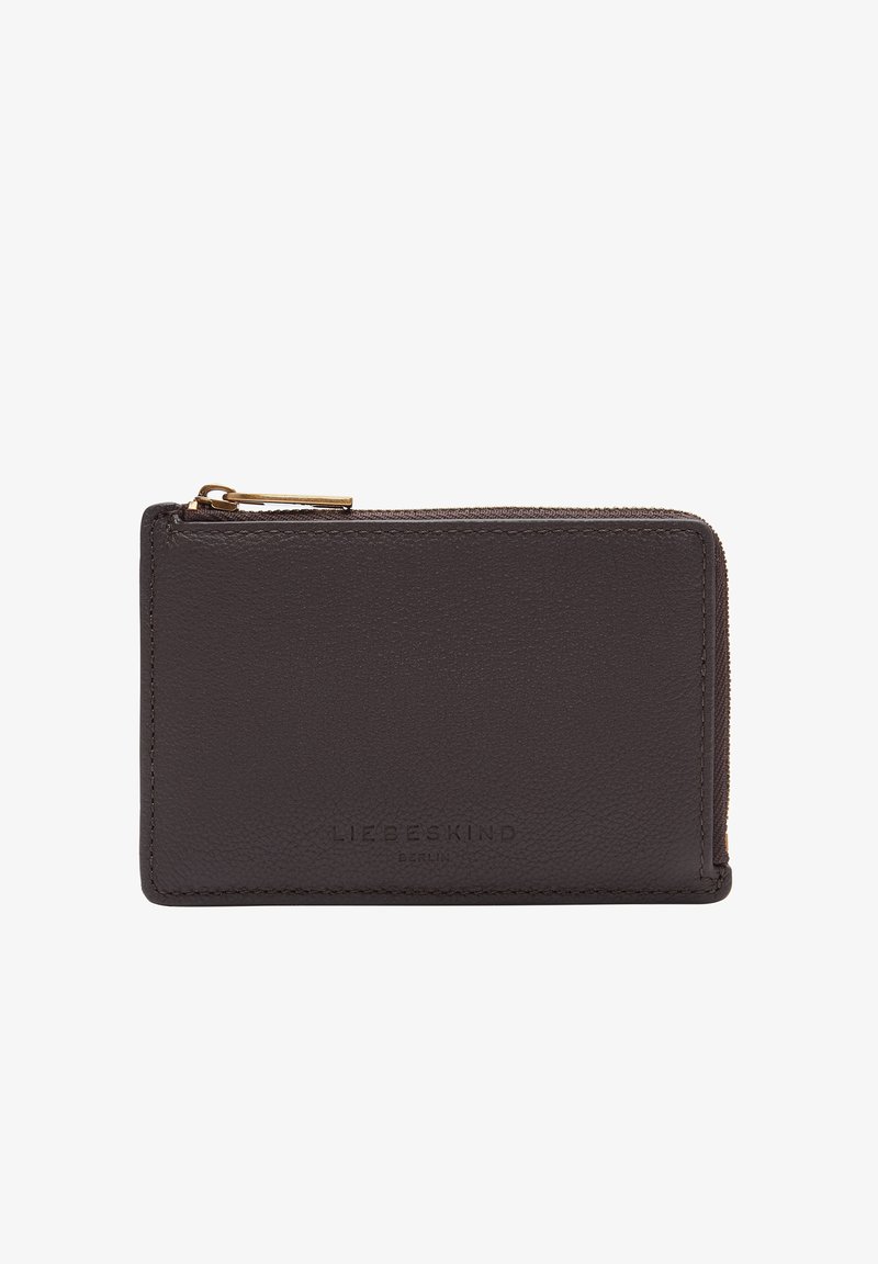 Dark brown leather wallet with a zip closure, featuring a textured finish and embossed brand logo at the front. Compact rectangular shape.