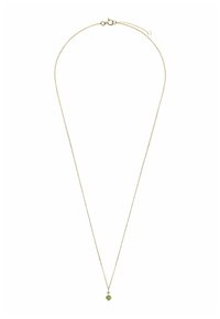 Gouden metalen ketting met een fijne ketting en een enkele groene edelsteen hanger in het midden. Eenvoudig ontwerp met een karabijnsluiting.