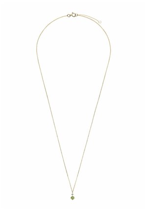 Gouden metalen ketting met een fijne ketting en een enkele groene edelsteen hanger in het midden. Eenvoudig ontwerp met een karabijnsluiting.