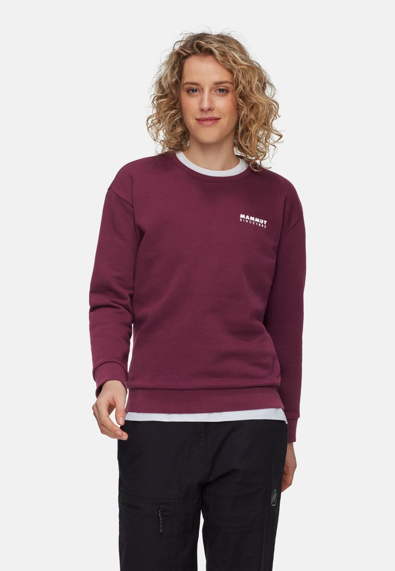 Felpa bordeaux realizzata in tessuto morbido, con collo rotondo, maniche lunghe e un piccolo logo bianco sul petto. Design semplice e casual.