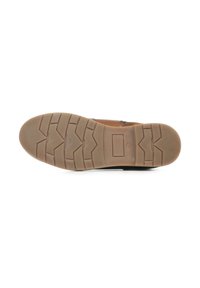 Suela de goma marrón con un patrón texturizado, presentando una mezcla de surcos horizontales y verticales para un mejor agarre. Parte superior suave con un detallado mínimo.