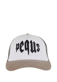 White cap with a beige visor; black embroidered text "pequs" on the front; mesh sides.  Structured design with a flat brim.