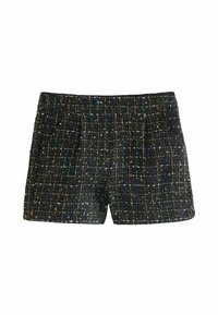 Shorts en tweed noir avec des accents de fil multicolores. Présente une surface texturée et deux poches avant. Coupe ajustée et lignes épurées.