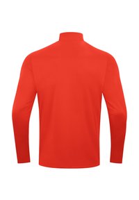 Camicetta rossa a maniche lunghe con colletto alto. Tessuto liscio, forma aderente e senza motivi visibili o dettagli hardware.