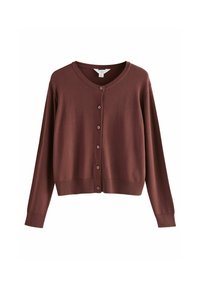 Ruskea neuletakki, jossa on pyöreä pääntie, pitkät hihat ja nappikiinnitys. Valmistettu pehmeästä materiaalista, jossa on ribbireunat ja hihansuut.