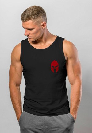Black tank top featuring a red Spartan helmet logo on the left chest area, made from a smooth, breathable fabric, with a fitted design.