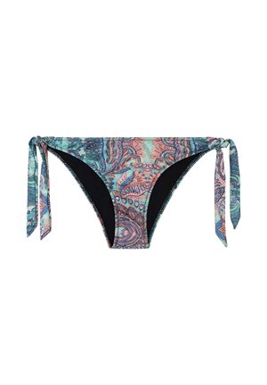 Low-rise bikini bottoms with side tie strings, featuring a multicolored paisley pattern in blue, pink, and green tones.