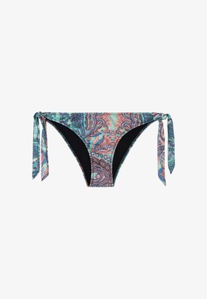 Bas de bikini taille basse avec liens sur les côtés, présentant un motif cachemire multicolore aux tons bleu, rose et vert.