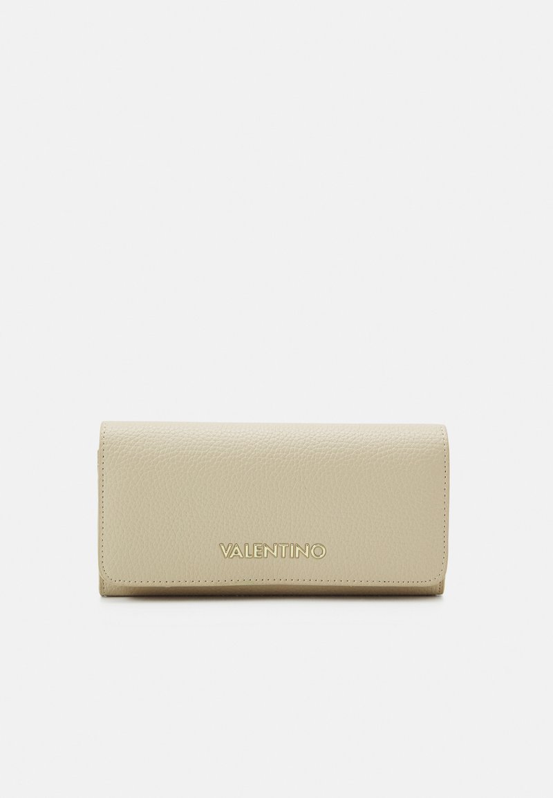 Beige leather wallet with a textured surface, featuring a gold "Valentino" logo on the front and a fold-over flap.