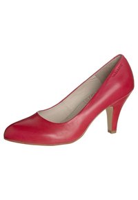 Escarpin en cuir rouge à talons hauts avec un bout pointu et une finition texturée. Le talon a une hauteur moyenne avec une surface lisse.