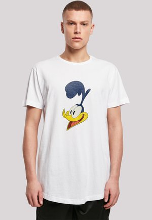 White cotton t-shirt featuring a colorful cartoon character's head design in shades of blue and yellow, with short sleeves and a round neckline.