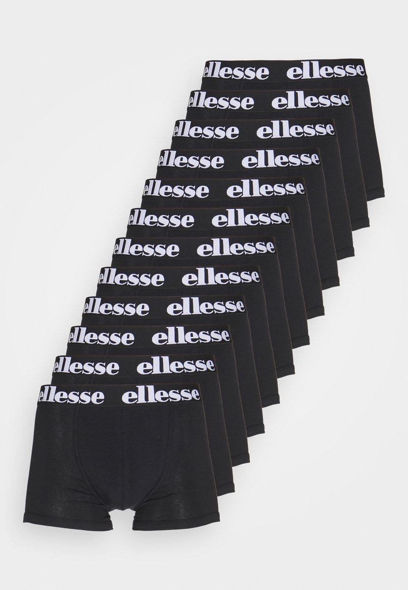 Boxer shorts pretos exibidos em uma pilha, com um logotipo branco "ellesse" na cintura elástica. Tecido macio, design justo e perna curta.