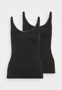 Two black sleeveless tops with a scoop neckline, featuring textured trim along the edges. Made of soft, stretchy fabric for comfort.