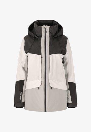 Giacca impermeabile in grigio e nero, con chiusura a zip, grande cappuccio e due tasche frontali. Realizzata in materiale resistente e resistente alle intemperie.