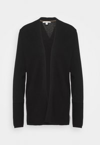 Zwarte cardigan met een open voorkant, textuur ribgebreide mouwen en een gladde body. De stof lijkt zacht en heeft een lichtgewicht gevoel.