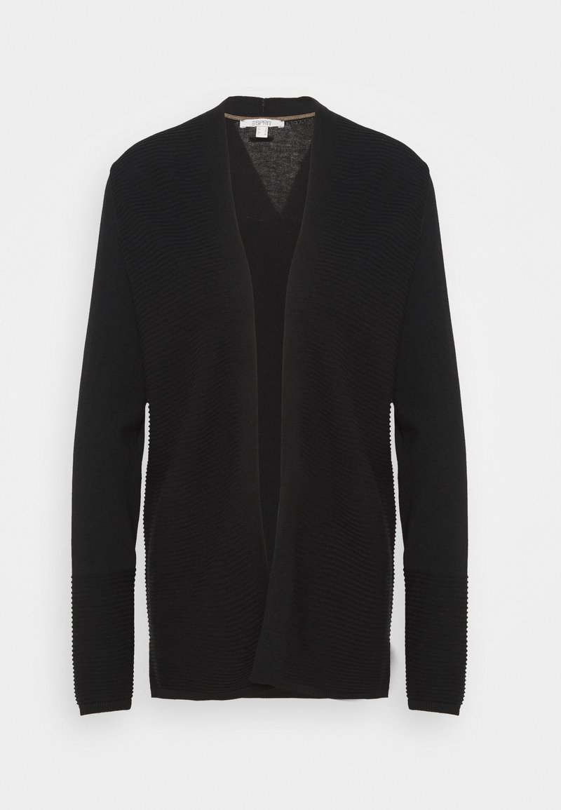Zwarte cardigan met een open voorkant, textuur ribgebreide mouwen en een gladde body. De stof lijkt zacht en heeft een lichtgewicht gevoel.