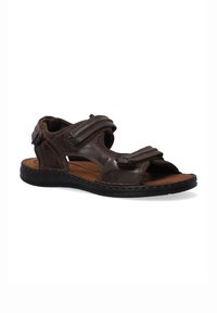 Braune Ledersandalen mit verstellbaren Riemen, offener Zehenpartie, strukturierten Akzenten und einer gepolsterten Innensohle mit flexibler Gummisohle.