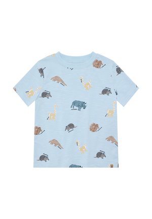 T-shirt en coton bleu clair présentant divers motifs d'animaux dans des tons de brun, gris et crème. Encolure ronde et manches courtes.