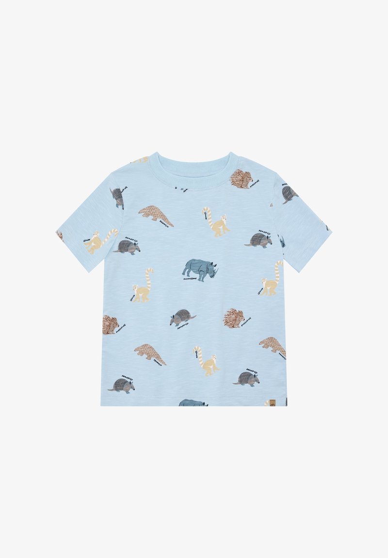 Hellblaues Baumwoll-T-Shirt mit verschiedenen Tiermustern in Brauntönen, Grau und Creme. Rundhalsausschnitt und kurze Ärmel.