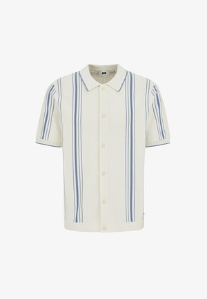 Wit overhemd met korte mouwen en blauwe verticale strepen, voorzien van een klassieke kraag, weergegeven op een witte achtergrond.