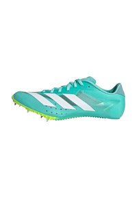 Turquoise athletic shoe with white stripes, textured upper, and a spiked sole in neon green. Lightweight design for track performance.