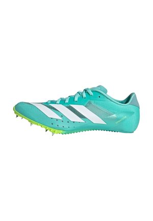 Turquoise athletic shoe with white stripes, textured upper, and a spiked sole in neon green. Lightweight design for track performance.