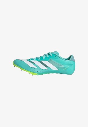 Turquoise athletic shoe with white stripes, textured upper, and a spiked sole in neon green. Lightweight design for track performance.