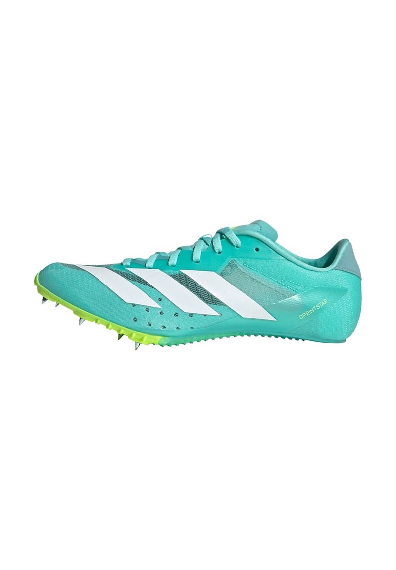 Turquoise athletic shoe with white stripes, textured upper, and a spiked sole in neon green. Lightweight design for track performance.