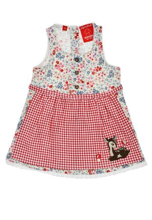 Ärmelloses Kleinkindkleid mit floralem Oberteil, rotem kariertem Rock, Holzknöpfen und gestickten Rehen und Pilzen auf der Rockvorderseite.