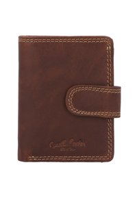 Braune Leder-Geldbörse mit genähtem Design, ausgestattet mit einem Clipverschluss und geprägtem Branding auf der unteren Vorderseite. Glatte Textur.