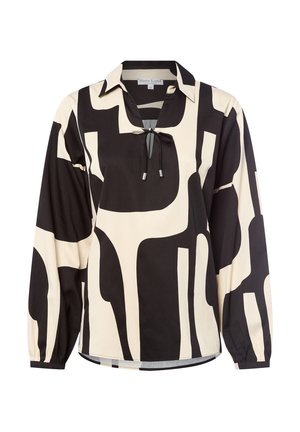 Black and cream long-sleeve blouse with a collared neck, featuring an abstract pattern and a small tie detail at the neckline.