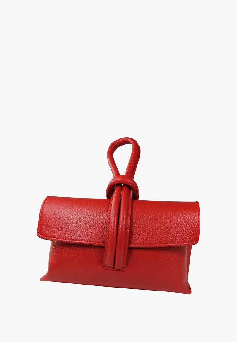 Red leather handbag with a textured finish, rectangular shape, flap closure, and a knotted handle for carrying.