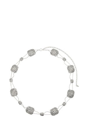 Silver necklace featuring interlinked textured squares, alternating with beads. Adjustable clasp with chain extension for size adjustment.