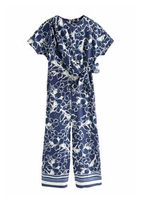 Mörkblå jumpsuit med vitt blommönster. Korta ärmar, omslagsdesign och knytmidja. Randiga detaljer vid fållen. Lättviktig tyg.