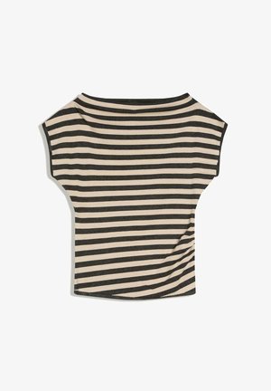 Top a maniche corte con righe orizzontali beige e nere, scollo a barca e orlo leggermente asimmetrico.