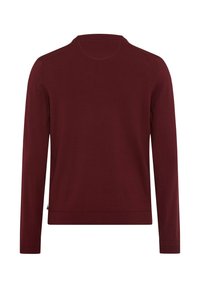 Burgunderfarbener Pullover mit langen Ärmeln aus weichem Stoff, rundem Ausschnitt, gerippten Bündchen und geradem Saum. Minimalistisches Design ohne sichtbare Muster.