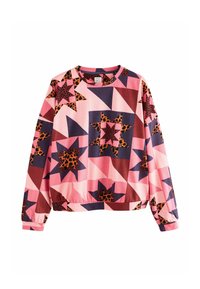 Roosa sweatshirt, millel on tume sinine, pruun ja leopardimustriga tähe ning geomeetriliste mustrite kombinatsioon. Omab ümmargust kaelust ja pikki varrukaid.