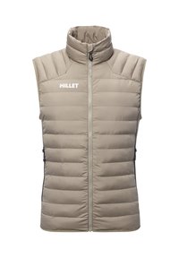 Leichte graue Steppweste mit vertikaler Steppung, hohem Kragen, Frontreißverschluss und seitlichen Taschen. Markenlogo auf der Brust.