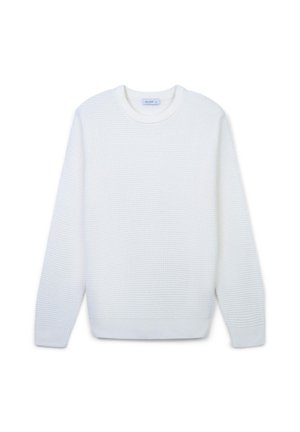 Pull en maille blanche avec un col rond, des manches longues et un motif texturé. Les poignets et l'ourlet côtelés offrent un ajustement confortable.