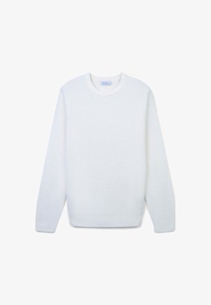 Pull en maille blanche avec un col rond, des manches longues et un motif texturé. Les poignets et l'ourlet côtelés offrent un ajustement confortable.