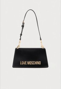 Black leather handbag with a structured design, featuring a gold "LOVE MOSCHINO" logo, a detachable shoulder strap, and smooth texture.