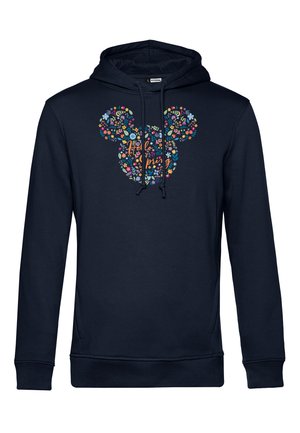 Granatowy hoodie z kwiatowym wzorem głowy Myszki Miki oraz napisem "Witaj Wiosno" w kolorze pomarańczowym. Wykonany z miękkiego materiału o luźnym kroju.