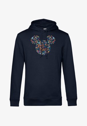 Granatowy hoodie z kwiatowym wzorem głowy Myszki Miki oraz napisem "Witaj Wiosno" w kolorze pomarańczowym. Wykonany z miękkiego materiału o luźnym kroju.
