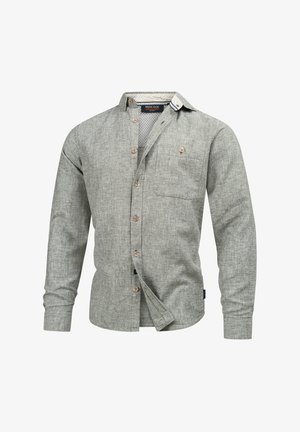 Light grey, long-sleeve button-up shirt with a textured fabric, a small chest pocket, and wooden buttons. Collar features contrasting interior.