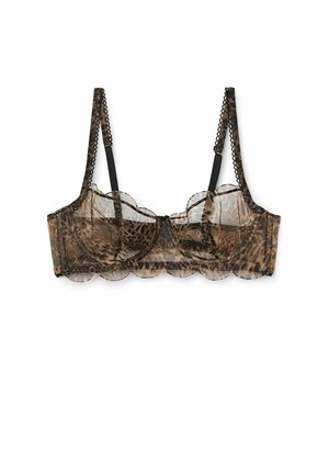 Brown leopard-printed sheer bra with scalloped edges and black straps, featuring a smooth texture and delicate detailing.