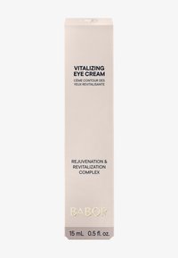 Vitaliserande ögonkräm i ljusbeige låda med mörkblå text. Anmärkningsvärda detaljer inkluderar guld "BABOR"-logotyp och produktvolym på 15 mL.