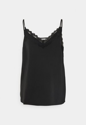Schwarzes Satin-Camisole mit verstellbaren Spaghetti-Trägern, das einen dekorativen Spitzenbesatz entlang des Halsausschnitts sowie eine glatte, halbtaillierte Silhouette aufweist.