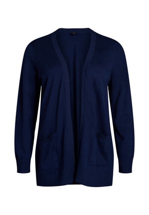 Marineblauer Cardigan aus weichem Strickstoff. Mit langen Ärmeln, offenem Vorderteil und zwei Seitentaschen. Dünne gerippte Bündchen an Ärmeln und Saum.